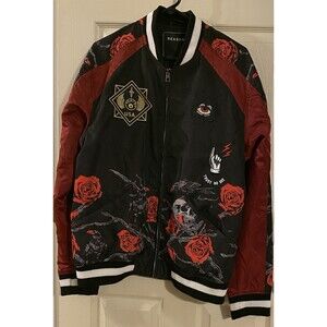 Trust No One REASON Graphic Bomber Jacket Varsity Black Satin Tattoo Skulls Sz L
